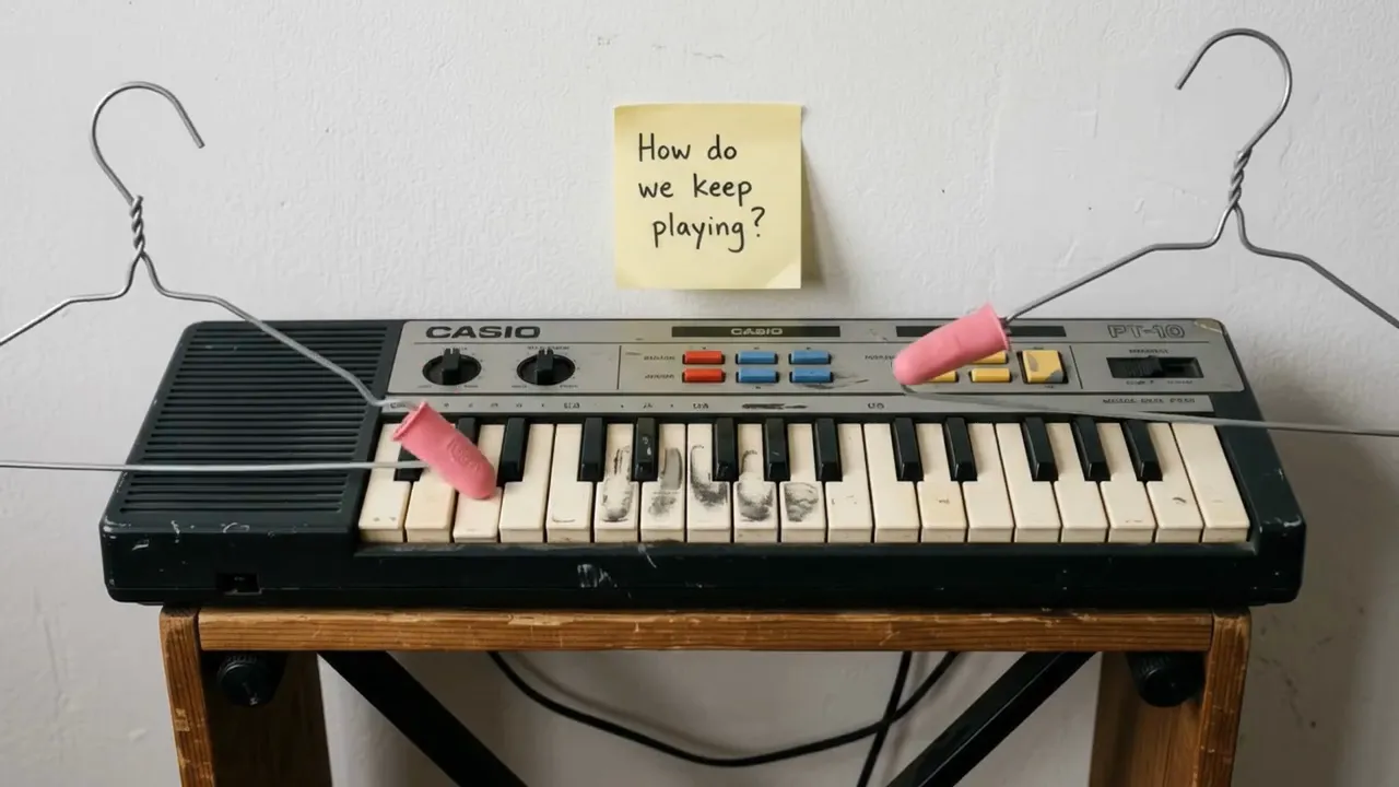 A toy keyboard with a note: How do we keep playing?