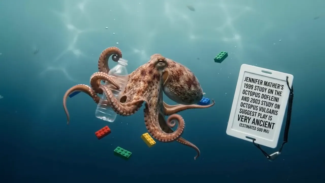 An octopus with toy blocks beside a card on Jennifer Mather’s study