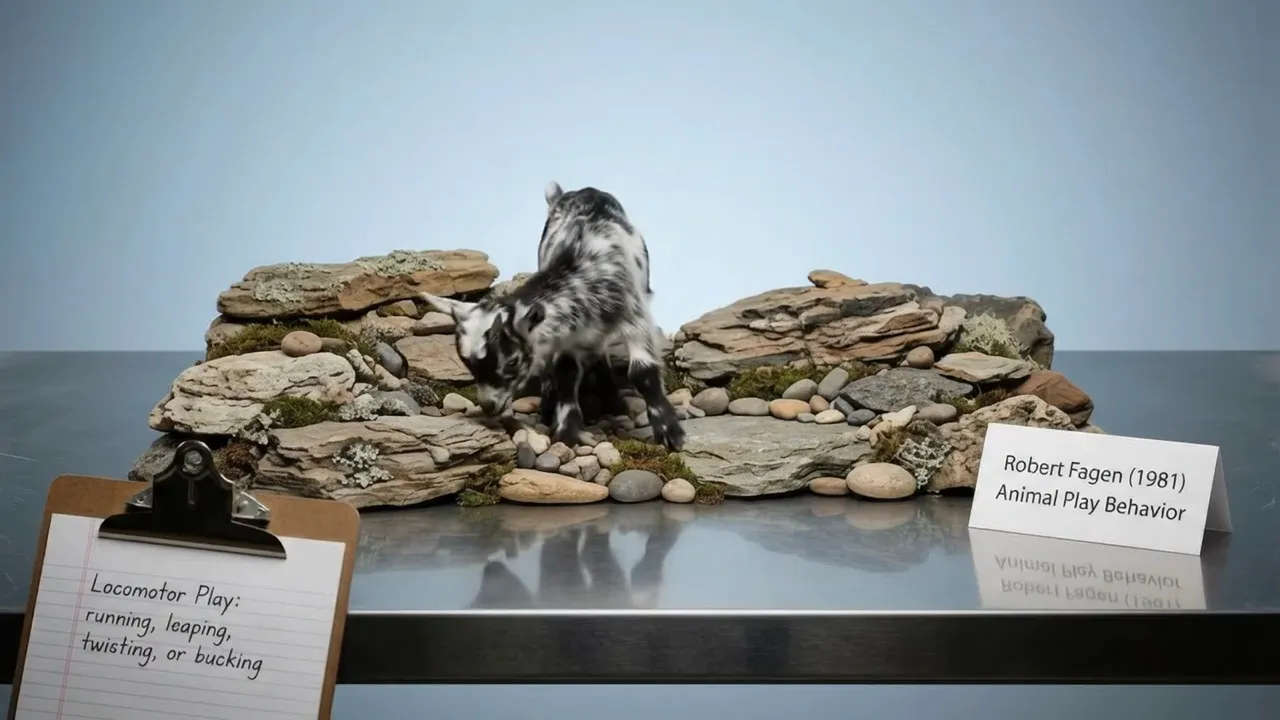 A goat on rocks beside a card: Robert Fagen (1981), Animal Play Behavior