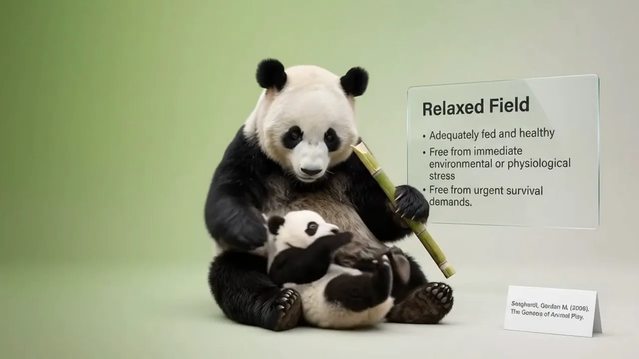 A panda and cub beside a card: Relaxed Field