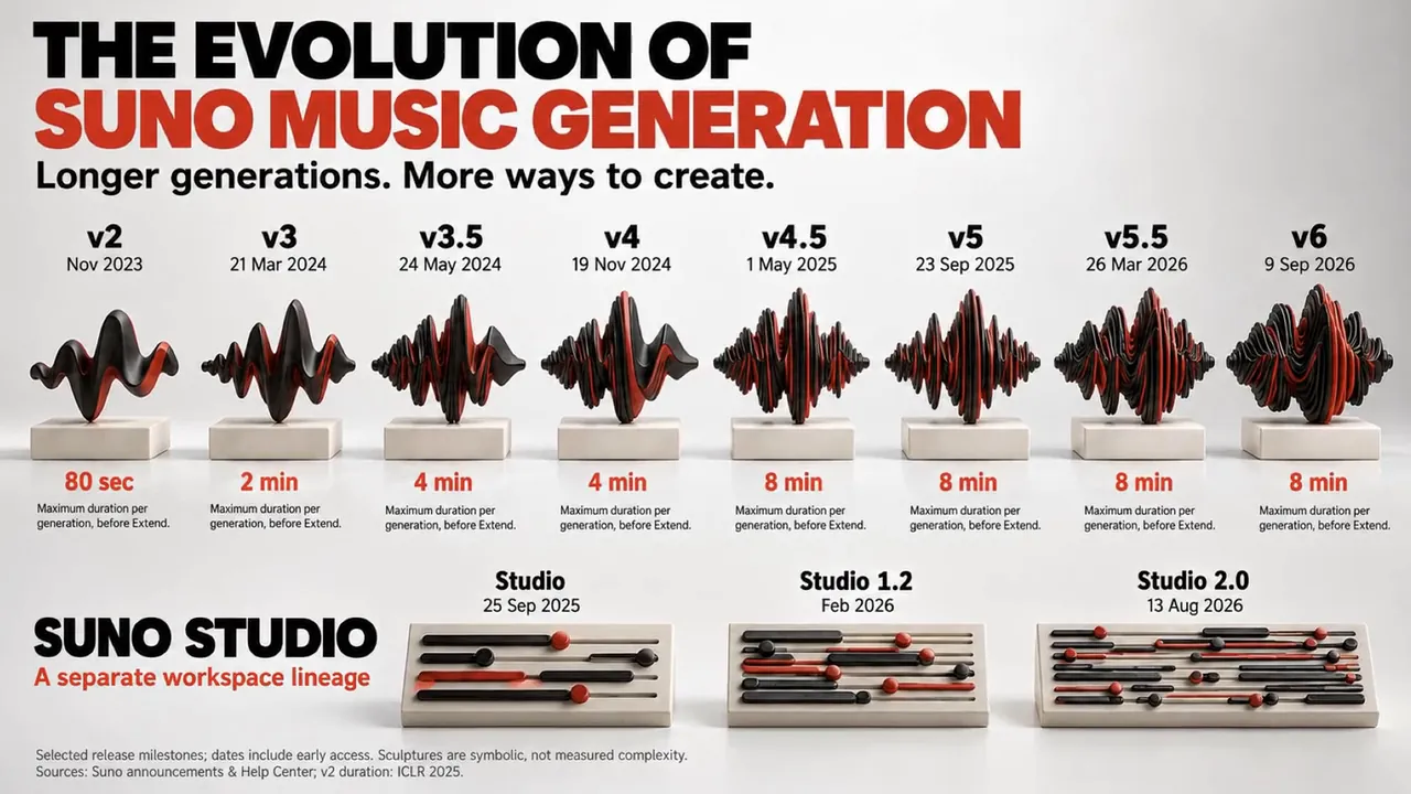 The evolution of Suno music generation, v2 to v6, and Suno Studio