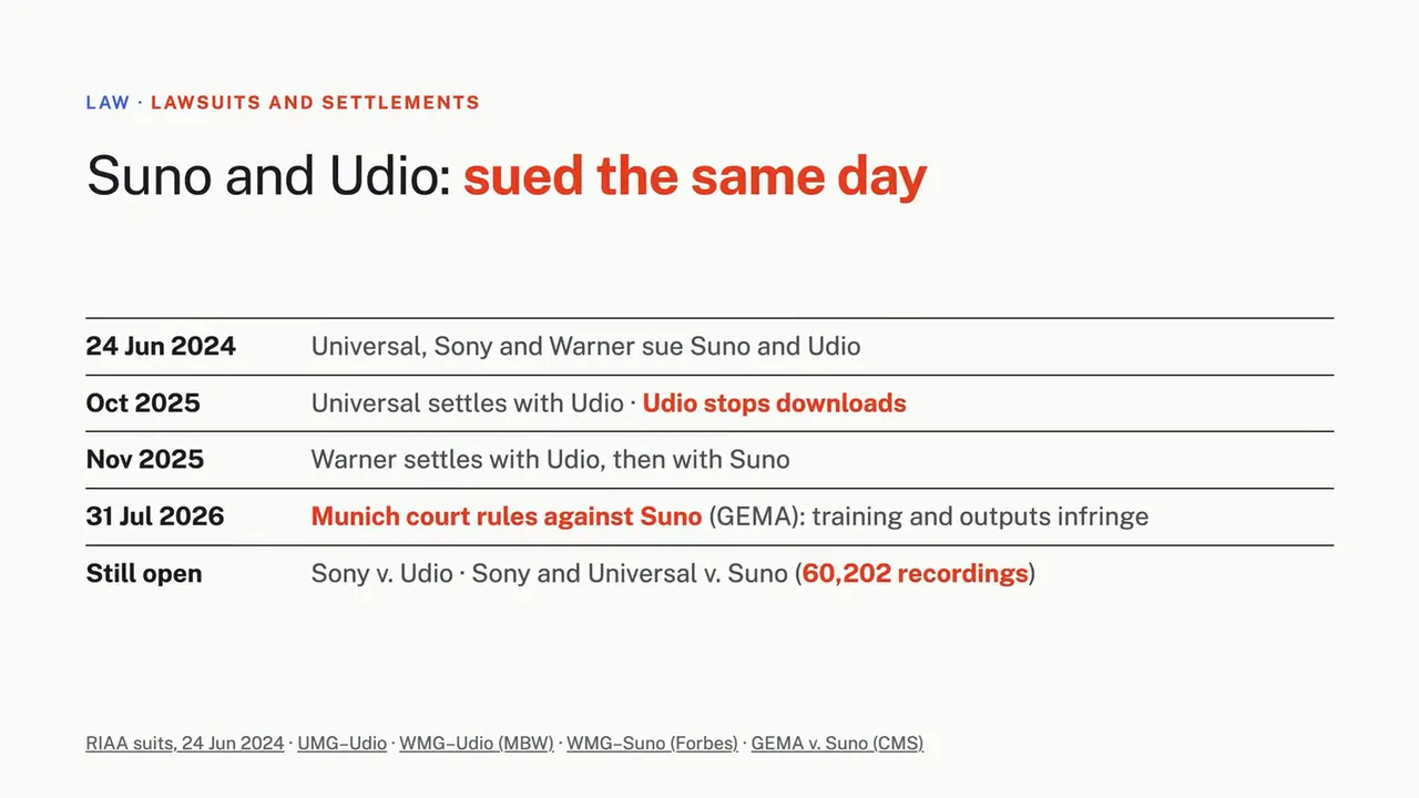 Suno and Udio: sued the same day. Lawsuits and settlements