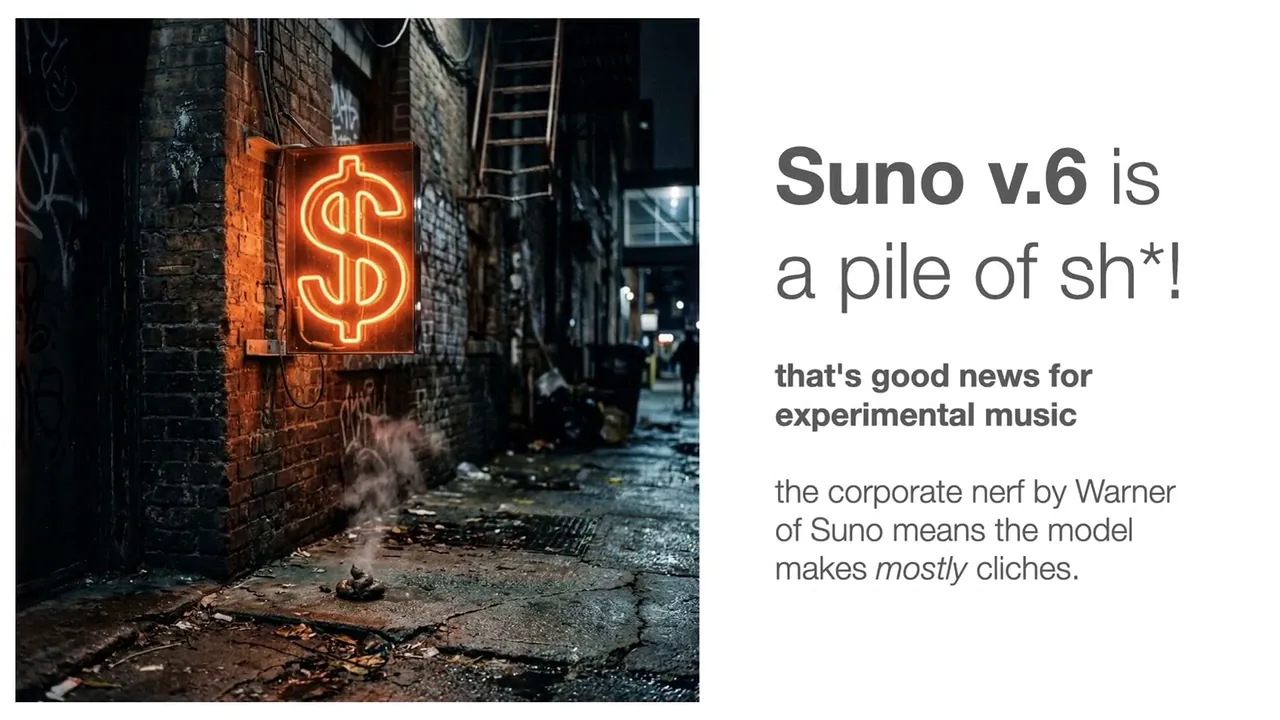 A neon dollar sign in an alley: Suno v6 is a pile of sh*! That’s good news for experimental music.