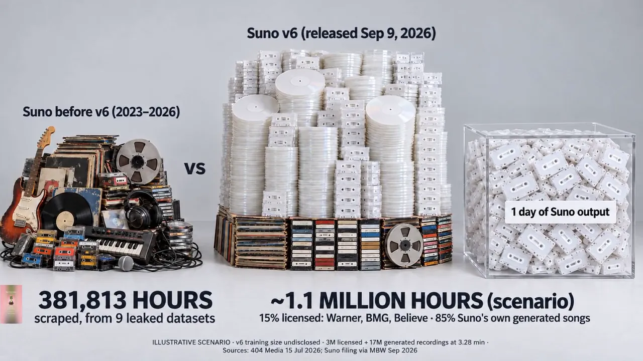 Suno before v6 (2023–2026), 381,813 hours scraped, vs Suno v6, about 1.1 million hours (scenario)