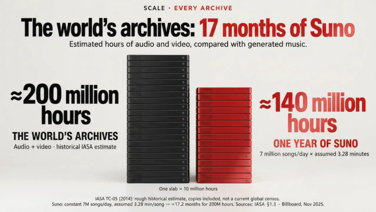 The world’s archives: 17 months of Suno. About 200 million hours against about 140 million hours per year