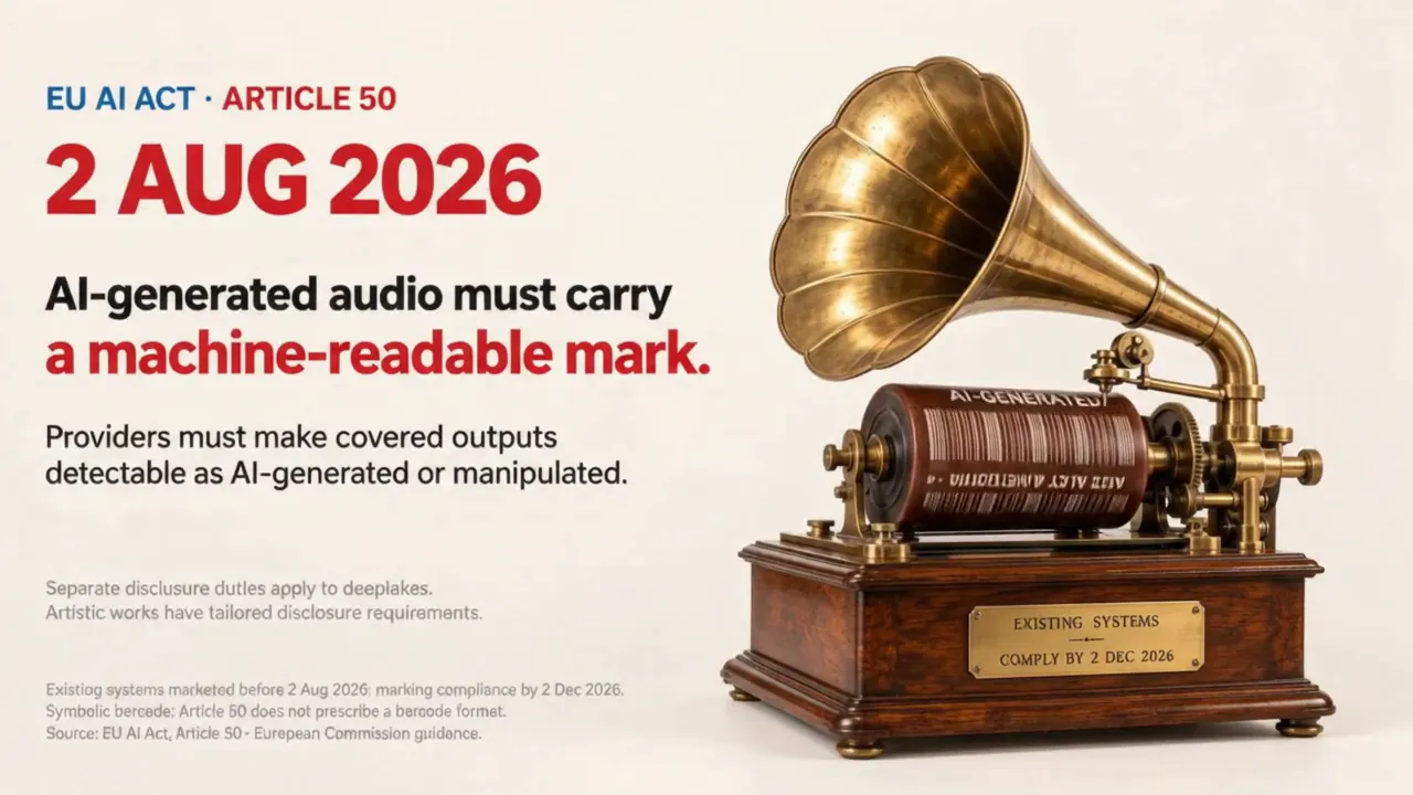 EU AI Act, Article 50, 2 Aug 2026: AI-generated audio must carry a machine-readable mark