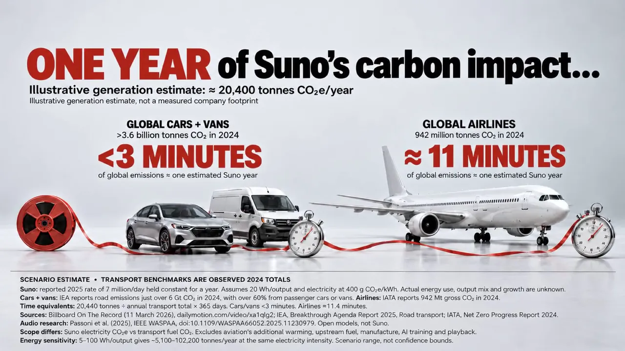 One year of Suno’s carbon impact: under 3 minutes of global cars and vans, about 11 minutes of global airlines