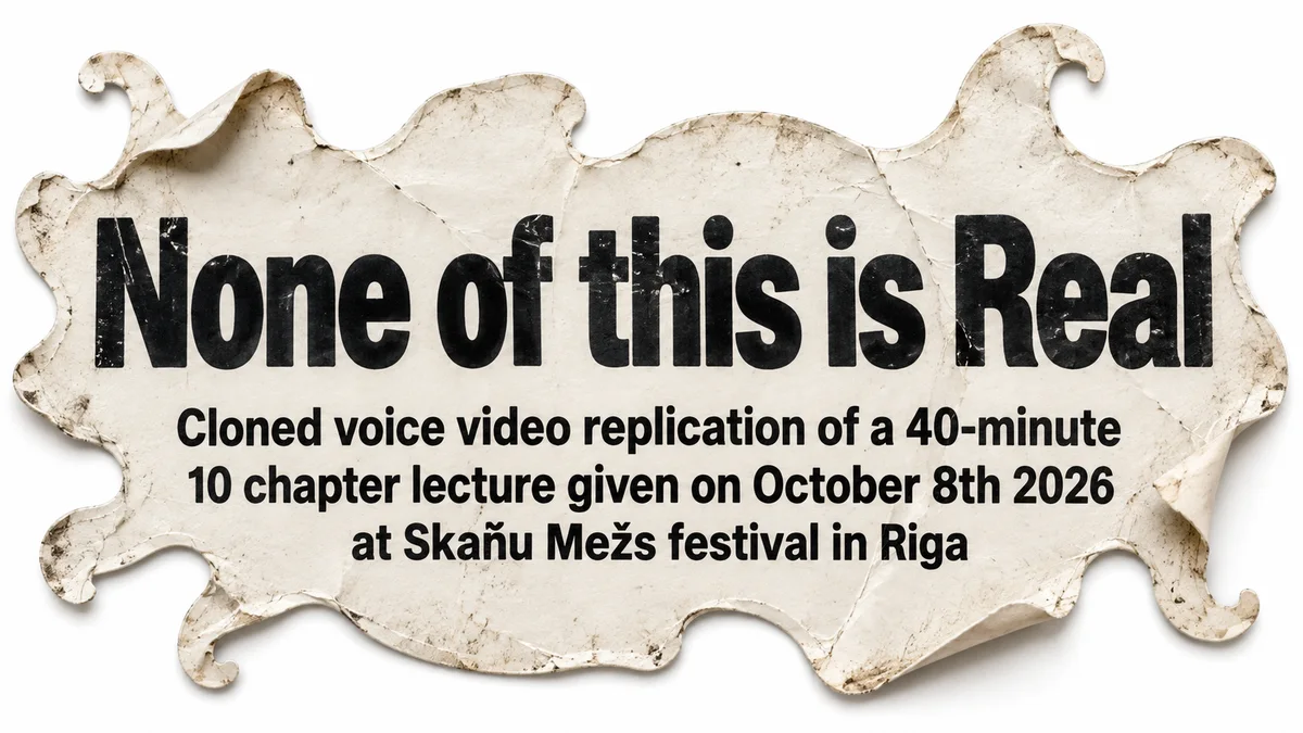 Sticker: None of this is Real. Cloned voice video replication of a 40-minute, 10-chapter lecture given on October 8th 2026 at Skaņu Mežs festival in Riga